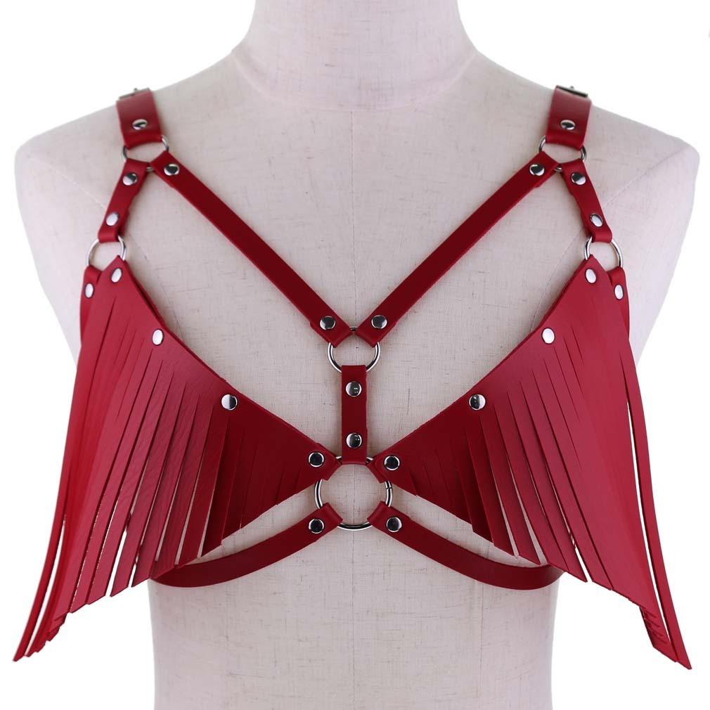 Bikini Bra PU Leather Fringed Sling Bra Straps Chest Strap Waist Belt