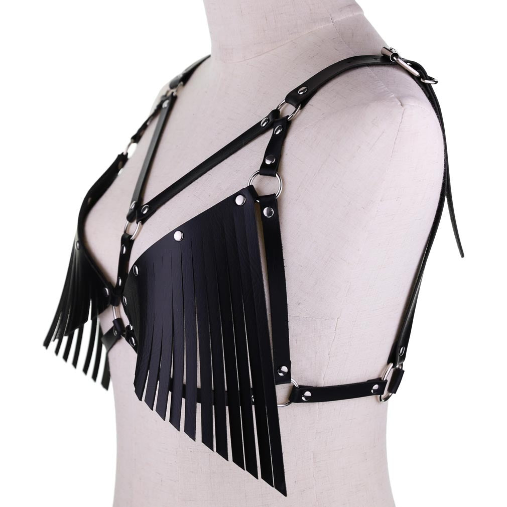 Bikini Bra PU Leather Fringed Sling Bra Straps Chest Strap Waist Belt