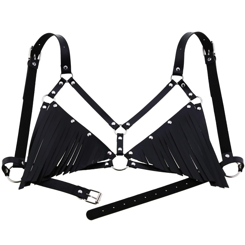 Bikini Bra PU Leather Fringed Sling Bra Straps Chest Strap Waist Belt