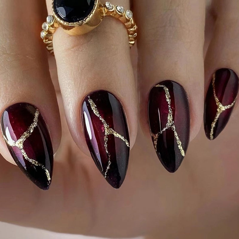 Fake Nails Gold Powder Stone Pattern Dark Red Wear