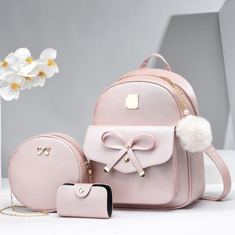 Fashion Women's Bags PU Bow Composite Bag Young Girl Student Cute Shoulders Backpack Crossbody Bags Coin Purse 3pcs Set