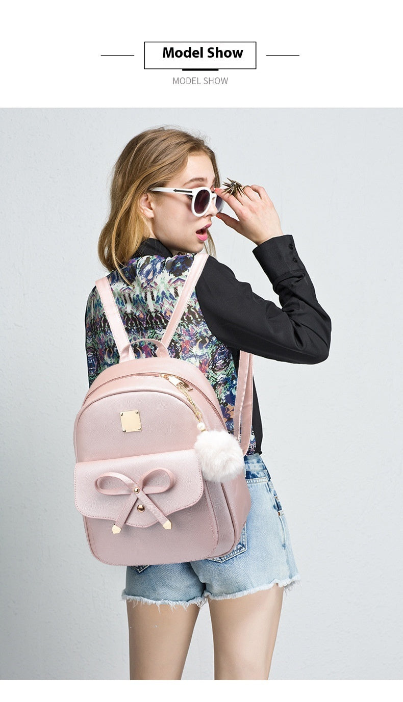 Fashion Women's Bags PU Bow Composite Bag Young Girl Student Cute Shoulders Backpack Crossbody Bags Coin Purse 3pcs Set